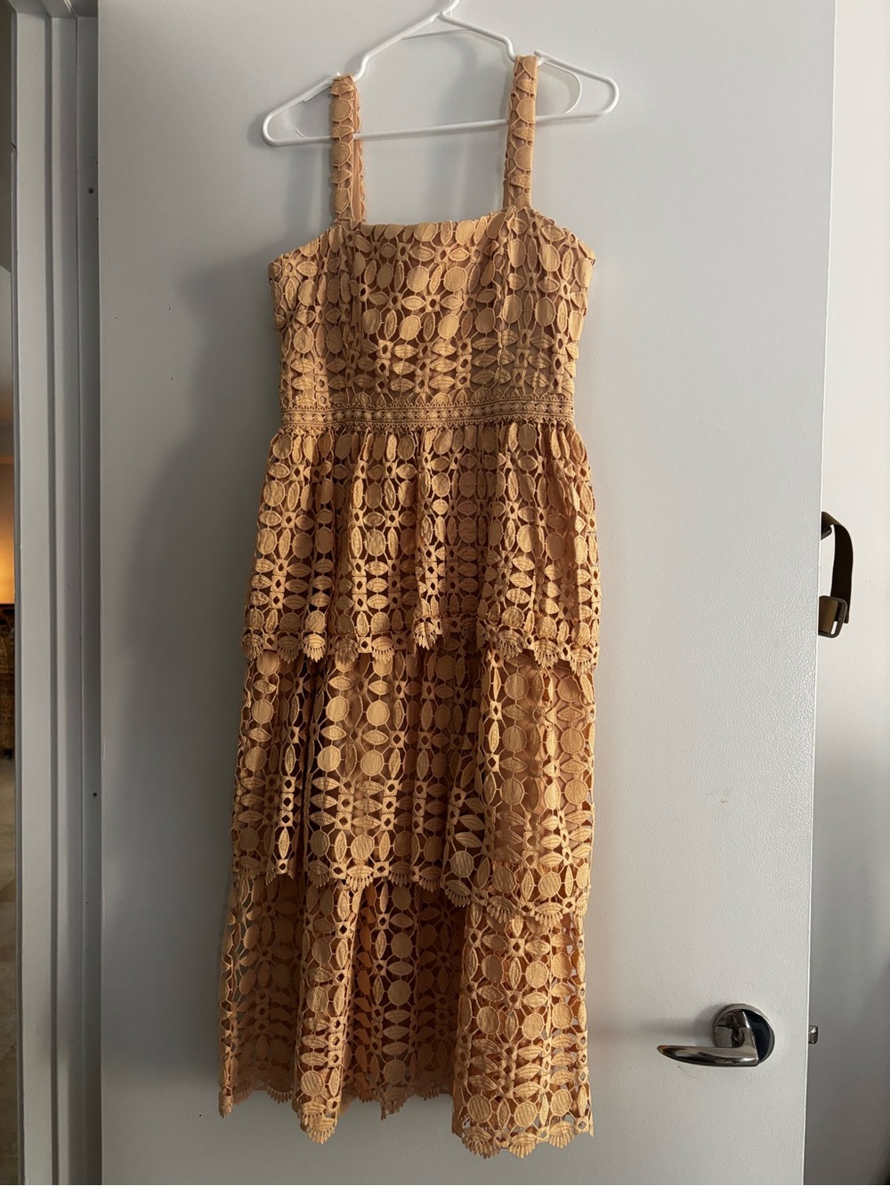 Lace Tiered Midi Dress in Camel